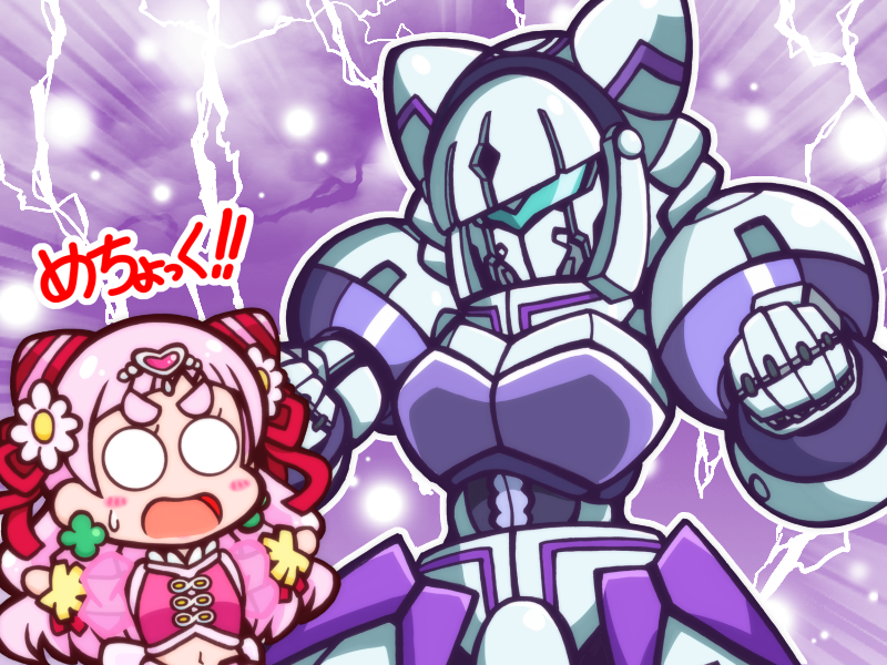 10s, 2girls, blush_stickers, catchphrase, chibi, commentary_request, cone_hair_bun, cure_yell