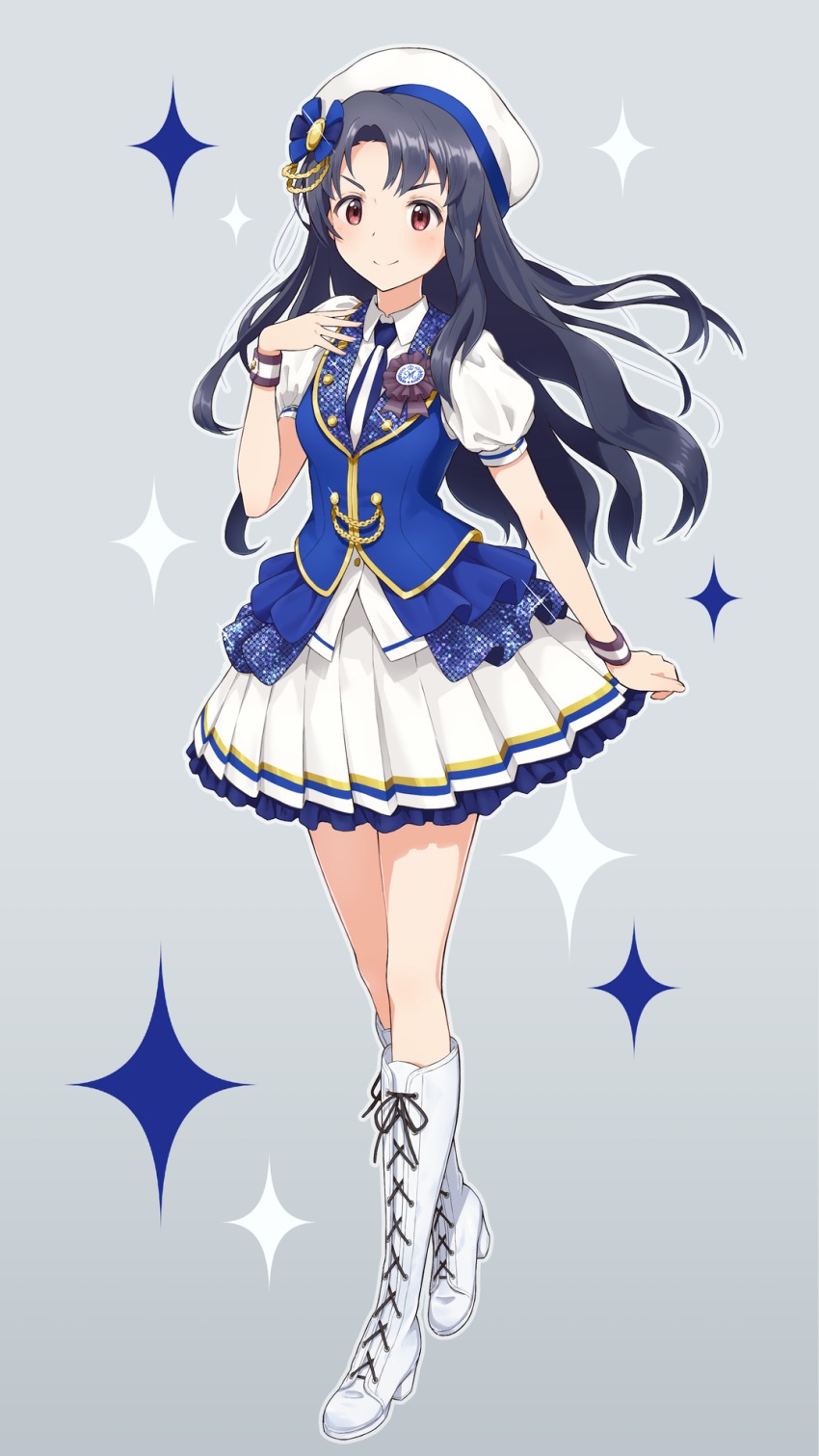 1girl, aiguillette, beret, black_hair, blue_dress, blush, boots, closed_mouth