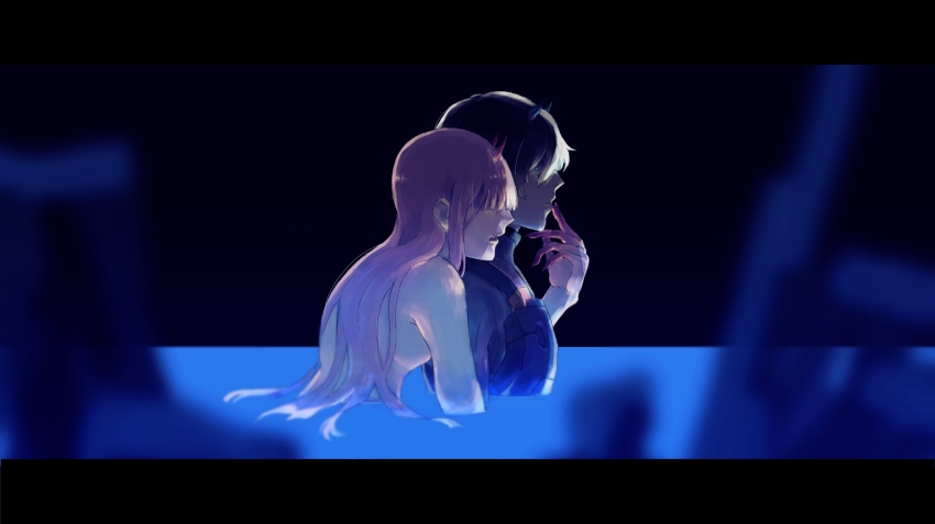 10s, 1boy, 1girl, anmo, black_bodysuit, black_hair, blue_eyes, blue_horns, bodysuit, breast_press, breasts, breasts_on_another's_back, couple, darling_in_the_franxx, fang, finger_to_mouth, fingernails, from_side, hetero, highres, hiro_(darling_in_the_franxx), horns, interlocked_fingers, large_breasts, letterboxed, long_hair, mecha_pilot_suit, nude, oni_horns, parasite_suit_(darling_in_the_franxx), partially_submerged, pink_hair, red_horns, short_hair, water, zero_two_(darling_in_the_franxx)