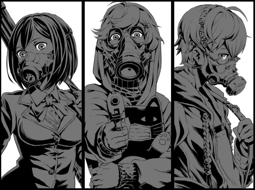 1boy, 2girls, animal, black_hair, breasts, cat, flat_chest, gas_mask