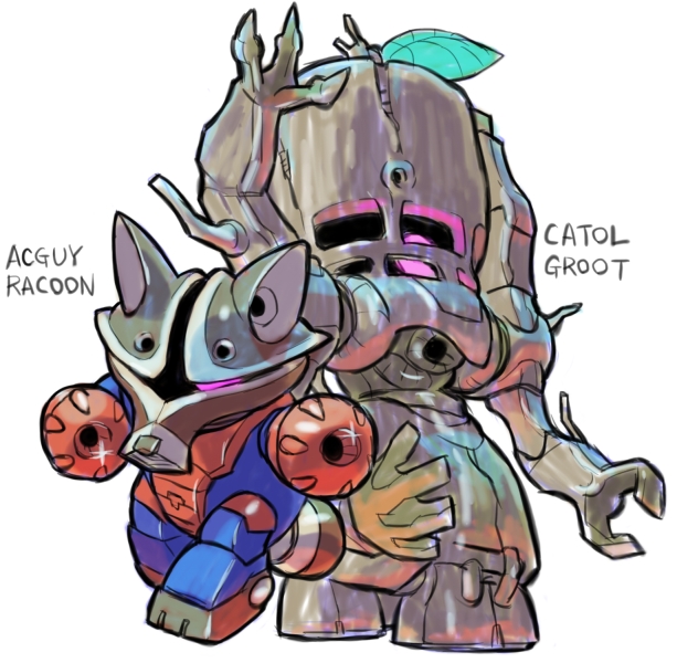 aburaya_tonbi, acguy, cattle_(gundam_zz), character_name, chibi, full_body, fusion, groot, guardians_of_the_galaxy, gundam, gundam_zz, leaf, looking_at_viewer, marvel, mechanization, mobile_suit_gundam, one-eyed, pink_eyes, rocket_raccoon, simple_background, standing, white_background