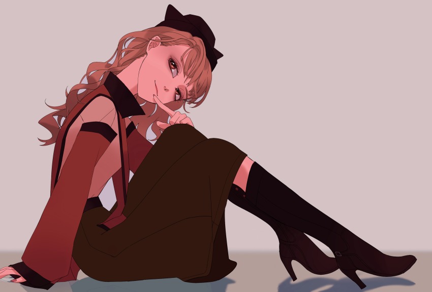 1girl, arm_support, boots, breasts, brown_eyes, brown_hair, closed_mouth, commentary_request