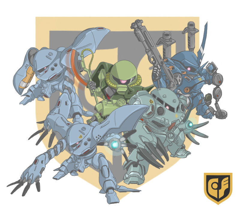 1980s_(style), axe, chain_mine, chibi, claws, emblem, gun, gundam