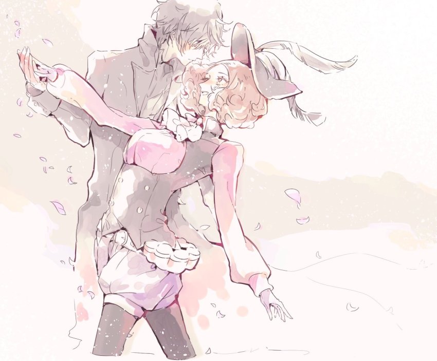 10s, 1boy, 1girl, amamiya_ren, ascot, bandolier, belt, black_hair, black_pantyhose, brown_hair, commentary_request, couple, gloves, hat, hat_feather, highres, holding_hands, kisaragi_koubana, noir_(persona_5), okumura_haru, pantyhose, persona, persona_5, petals, purple_gloves, red_gloves, underbust, vest