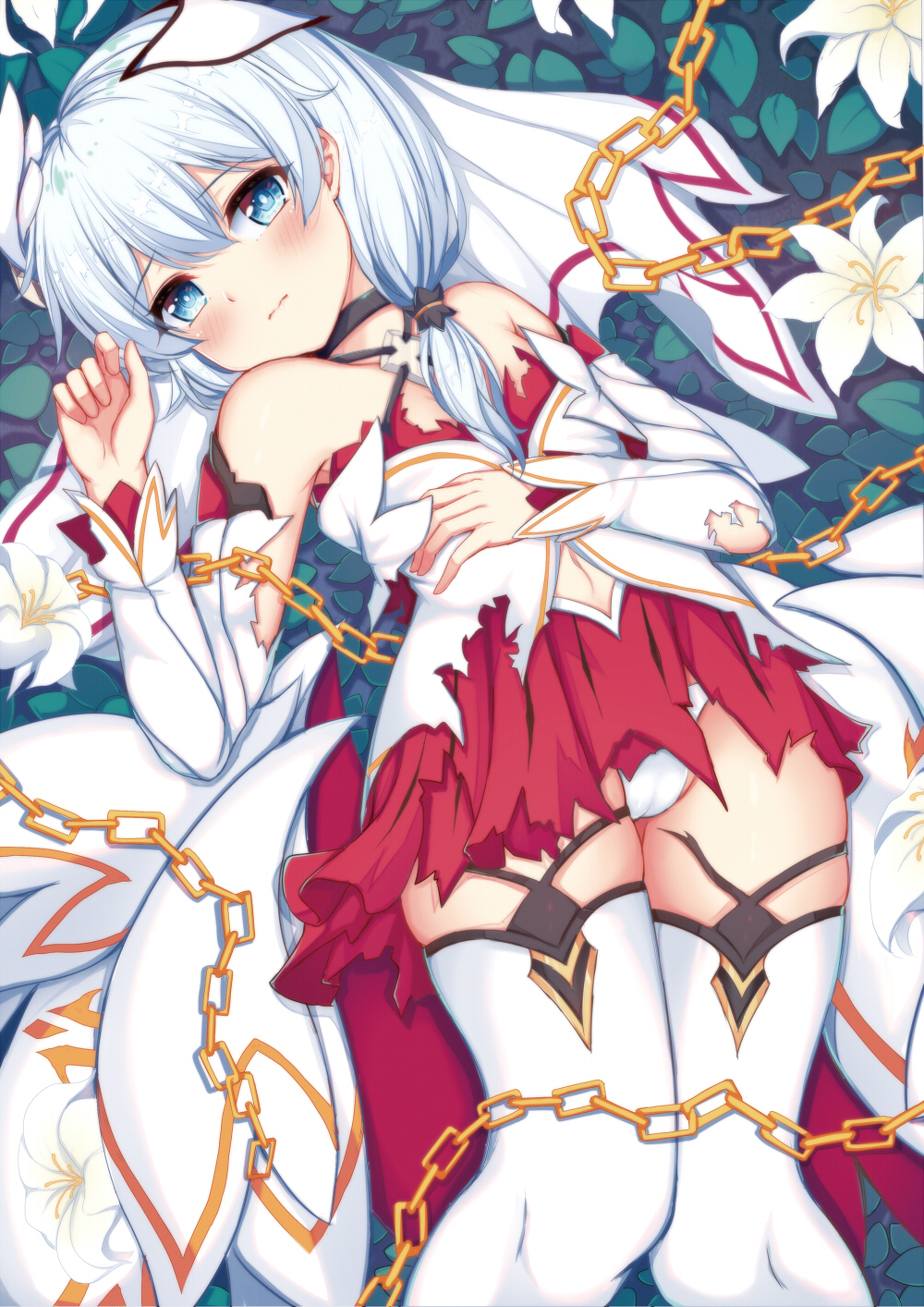 1girl, bare_shoulders, black_choker, blue_eyes, blush, chain, choker, closed_mouth