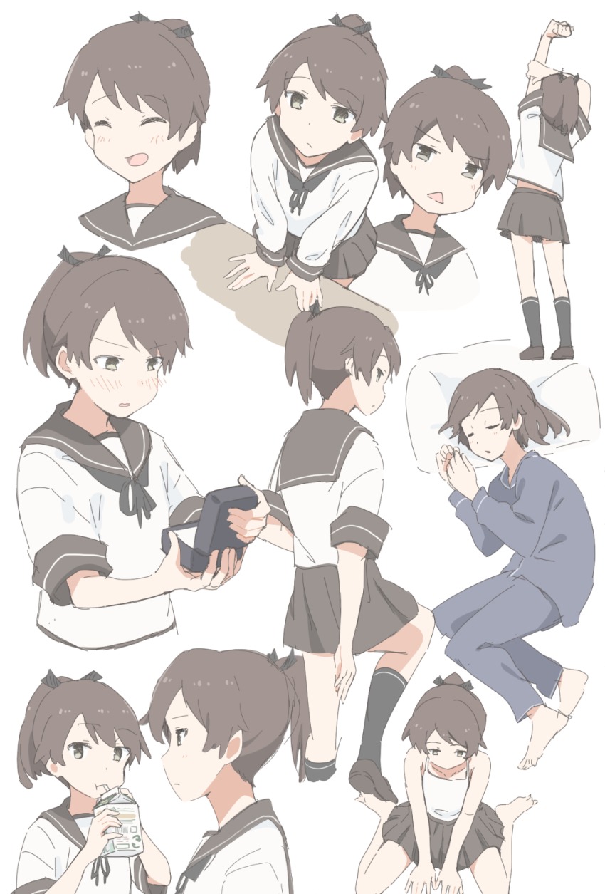 1girl, blush, brown_eyes, brown_hair, closed_eyes, commentary_request, drink_carton, drinking