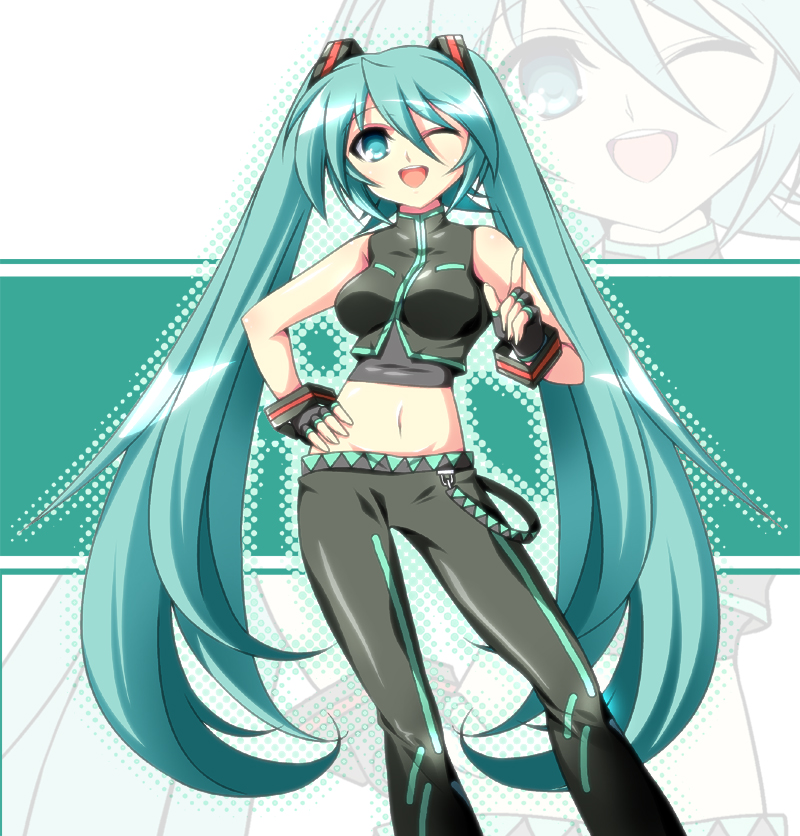 1girl, aqua_eyes, aqua_hair, female_focus, fingerless_gloves, gloves, hatsune_miku, hatsune_miku_(dancer), ka2, long_hair, midriff, navel, one_eye_closed, project_diva, project_diva_(series), solo, twintails, vocaloid, wink