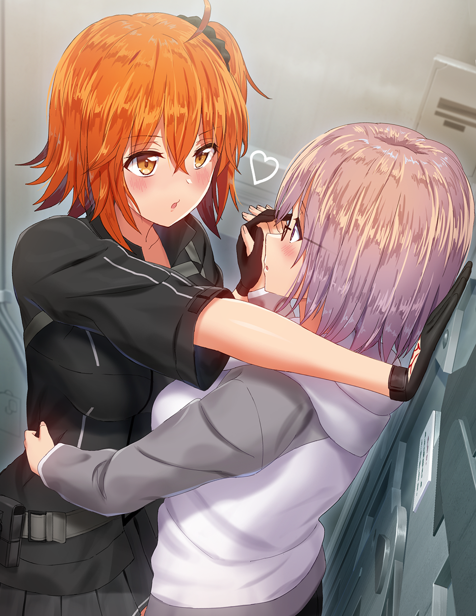 2girls, :o, against_wall, ahoge, black-framed_eyewear, black_gloves, black_jacket, black_scrunchie