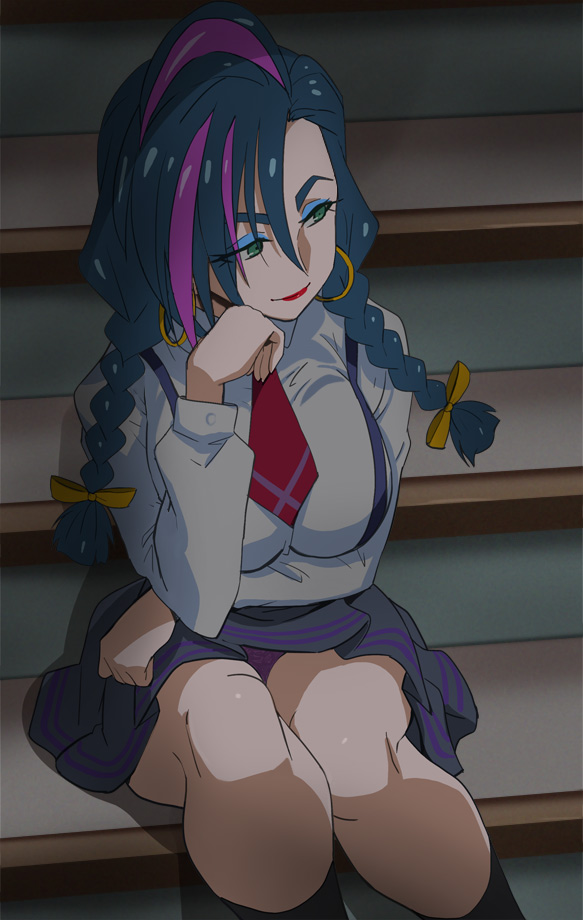 10s, 1girl, black_socks, blue_hair, braid, breasts, earrings, eyebrows