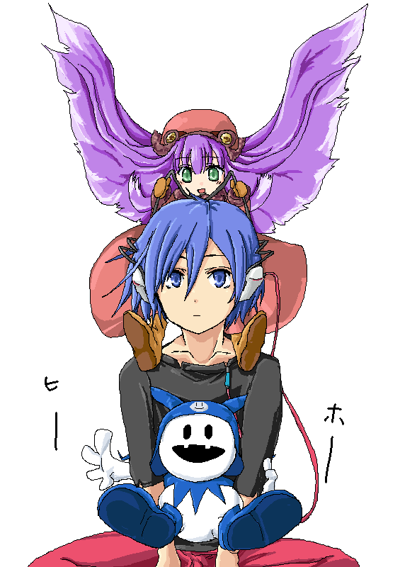 1boy, 1girl, blue_eyes, blue_hair, demon_(megami_tensei), devil_survivor_(series), devil_survivor_1, green_eyes, headphones, jack_frost_(megami_tensei), megami_tensei, muu_shuwuu_(megami_tensei), protagonist_(devil_survivor), purple_hair, sakurai_miyo, sakurai_miyo(pixiv20269), sakurai_sanshi, short_hair