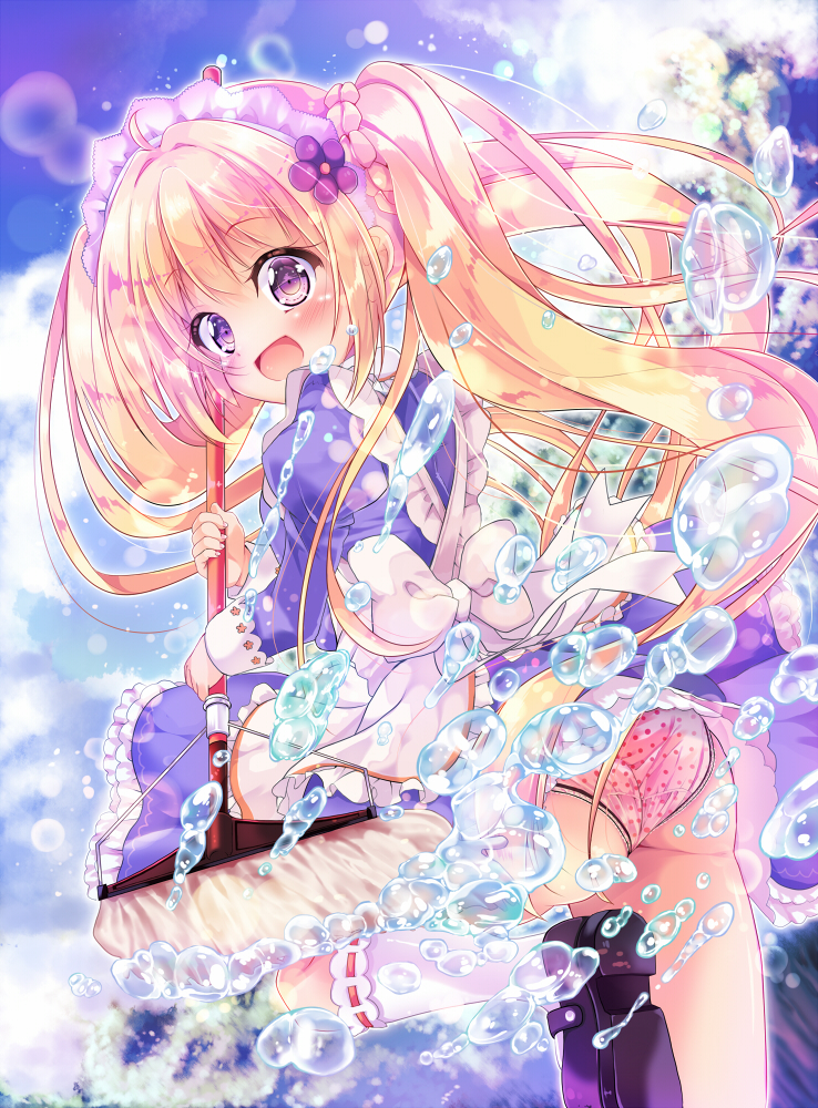 1girl, :d, back_bow, black_shoes, blonde_hair, blue_dress, bow, cowboy_shot, dress, female_focus, flower, flower_knight_girl, frills, hair_flower, hair_ornament, heliotrope_(flower_knight_girl), holding, kneehighs, long_hair, looking_at_viewer, maid_headdress, mary_janes, mop, neko_pan, open_mouth, panties, pink_panties, polka_dot, polka_dot_panties, purple_eyes, shoes, smile, socks, solo, standing, standing_on_one_leg, twintails, underwear, water, white_bow, white_socks