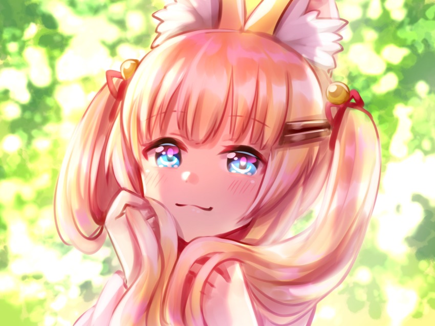 1girl, animal_ear_fluff, animal_ears, bell, blonde_hair, blue_eyes, female_focus, fox_ears