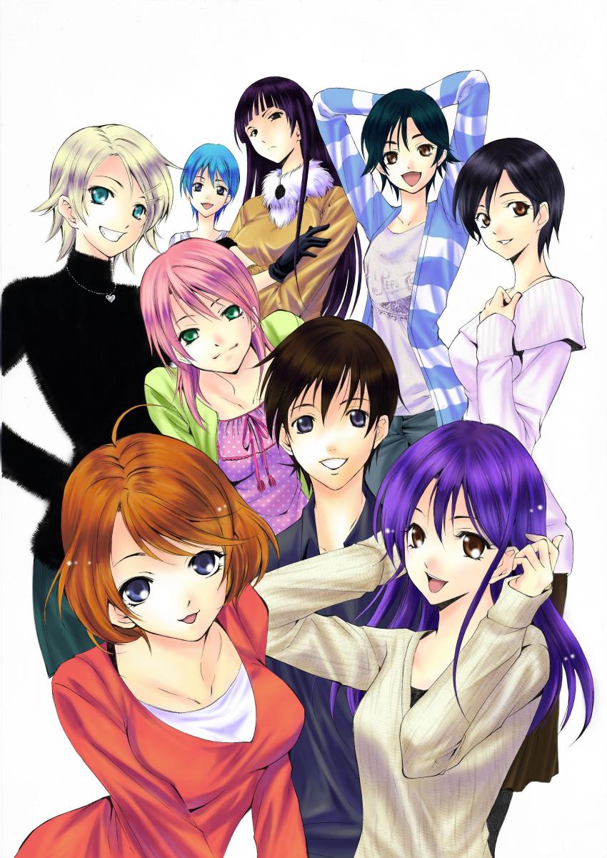 1boy, absurdres, arms_up, asahina_suzuka, asakura_kiyomi, black_hair, blonde_hair, blouse