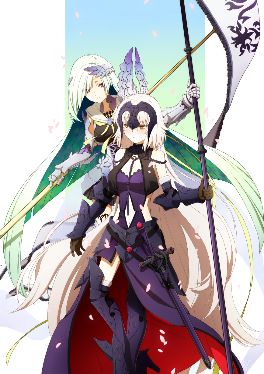 2girls, armor, bare_shoulders, black_gloves, blush, breasts, brynhild_(fate), brynhild_(third_ascension)_(fate)