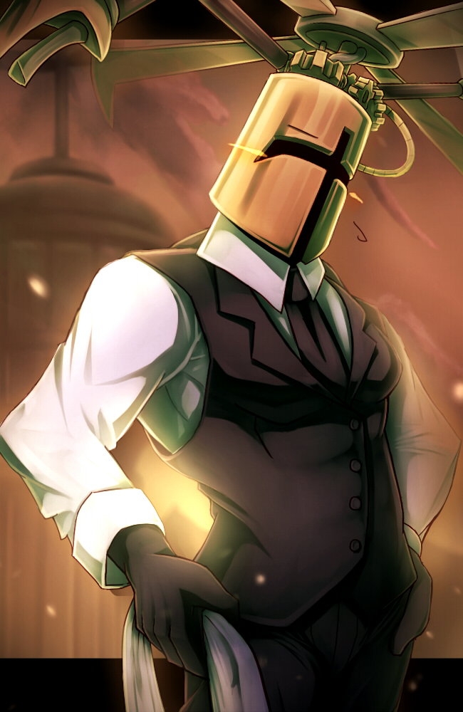 black_gloves, black_neckwear, black_pants, black_vest, collared_shirt, cowboy_shot, facing_viewer, formal_clothes