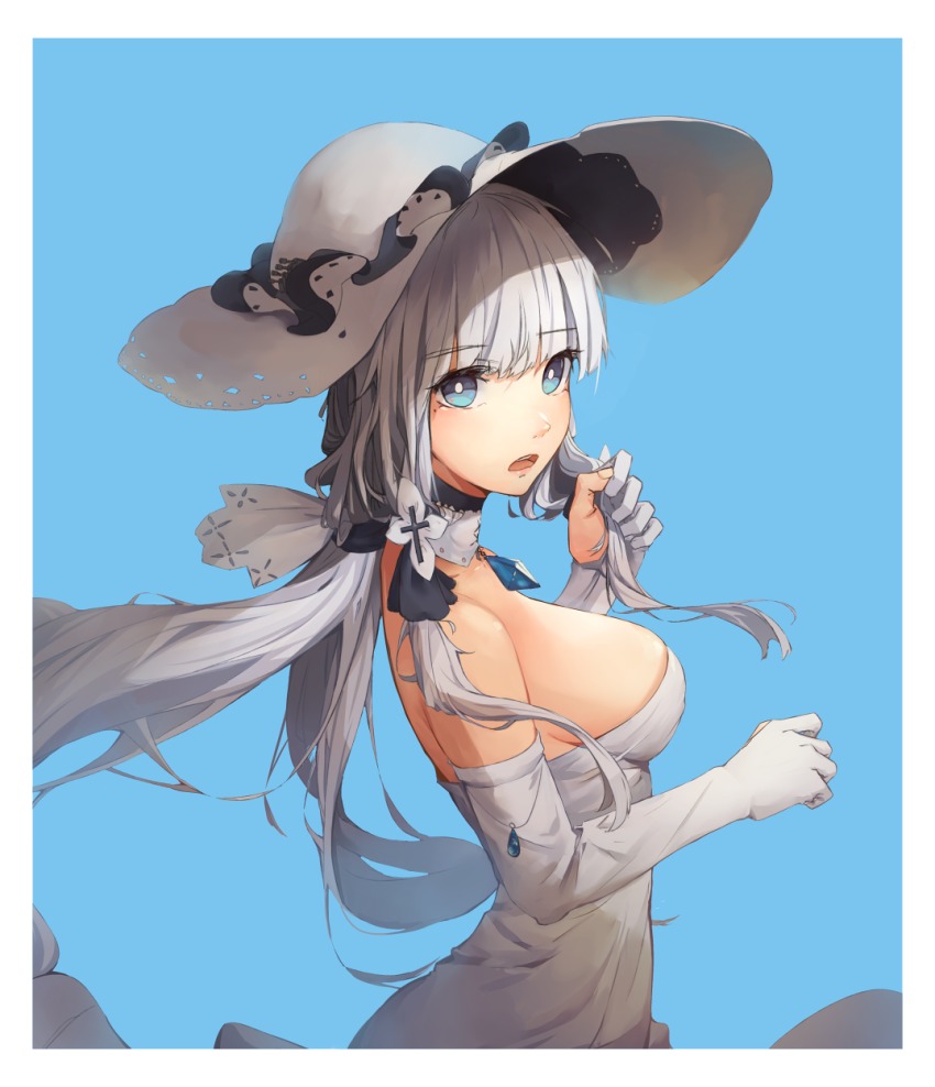 1girl, armlet, azur_lane, bad_id, bad_pixiv_id, blue_background, blue_eyes, blue_gem, blush, breasts, choker, cleavage, dress, elbow_gloves, female_focus, floating_hair, from_side, gem, gloves, hair_ornament, hair_ribbon, hat, highres, holding, holding_own_hair, illustrious_(azur_lane), jewelry, lace-trimmed_hat, lace_trim, large_breasts, long_hair, looking_at_viewer, low_ponytail, low_twintails, mole, mole_under_eye, nimu_(099), partially_fingerless_gloves, pendant, ponytail, ribbon, simple_background, skindentation, smile, solo, sun_hat, tress_ribbon, twintails, white_dress, white_gloves, white_hair, white_hat