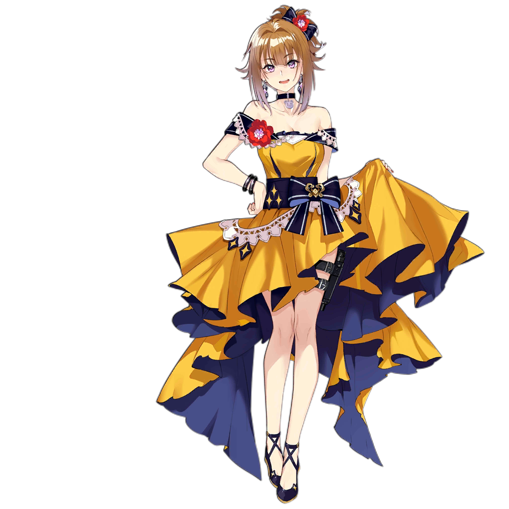 1girl, alternate_hairstyle, bracelet, brown_hair, choker, dress, earrings, female_focus, formal_clothes, full_body, girls'_frontline, grizzly_mkv_(girls'_frontline), grizzly_mkv_(starry_night_ball)_(girls'_frontline), gun, handgun, holster, jewelry, l.a.r._manufacturing, lar_grizzly_win_mag, looking_at_viewer, off-shoulder_dress, off_shoulder, official_alternate_costume, official_art, purple_eyes, realmbw, smile, solo, thigh_holster, transparent_background, weapon