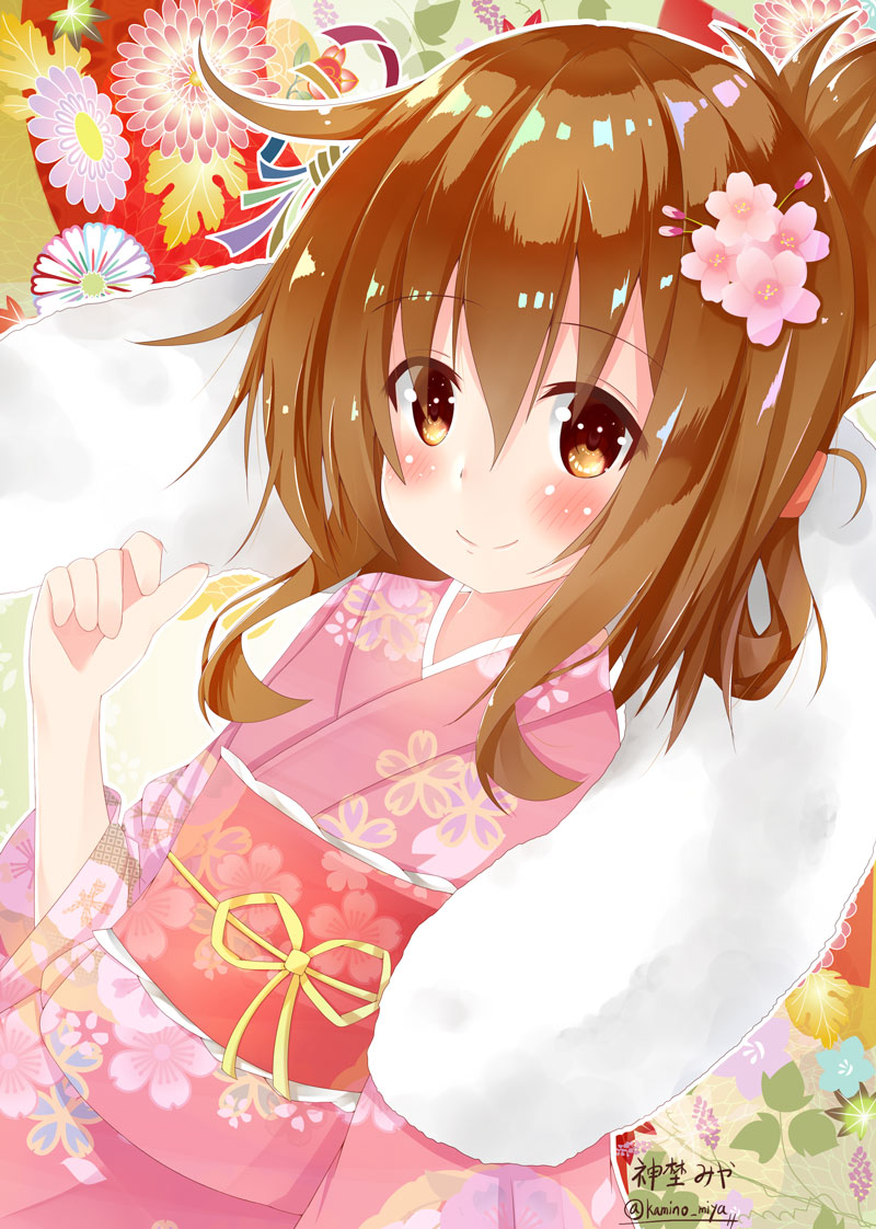 1girl, blush, brown_eyes, brown_hair, dress, female_focus, flower, hair_between_eyes