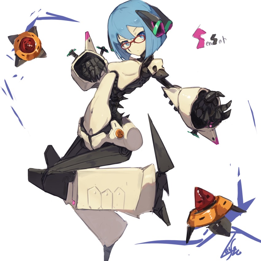 1girl, android_(sekaiju), android_4_(sekaiju), blue_eyes, blue_hair, boots, breasts, character_request