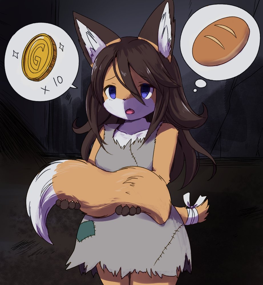 1girl, begging, blue_eyes, bread, brown_hair, city, coin, female_focus