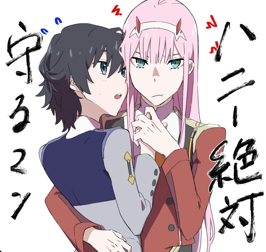 10s, 1boy, 1girl, black_hair, blue_eyes, commentary_request, couple, darling_in_the_franxx