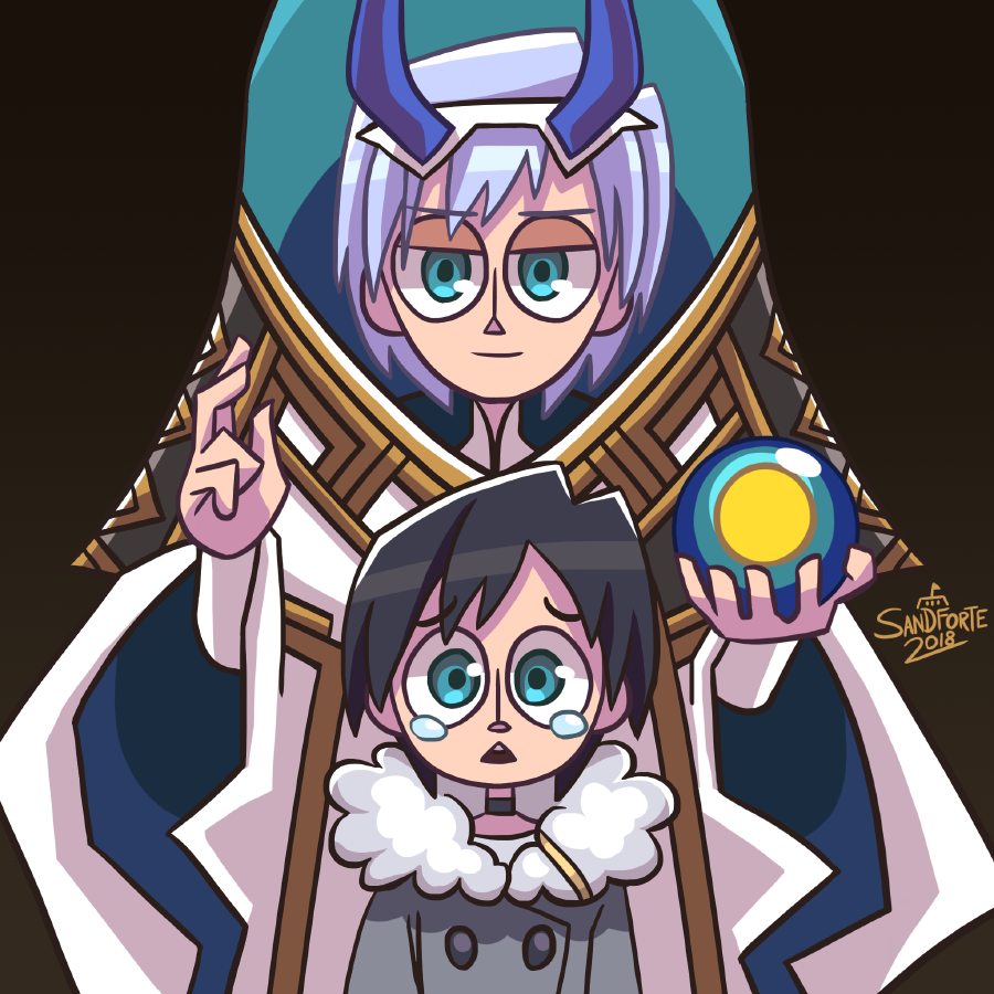 10s, 2boys, black_hair, blue_eyes, blue_hair, blue_horns, coat, commentary_request, darling_in_the_franxx, fur_trim, gold_trim, grey_coat, hair_ornament, hairband, hiro_(darling_in_the_franxx), holding, horns, light_blue_hair, looking_at_viewer, male_focus, multiple_boys, oni_horns, papa_(darling_in_the_franxx), sandforte, short_hair, signature, tears, white_hairband, winter_clothes, winter_coat