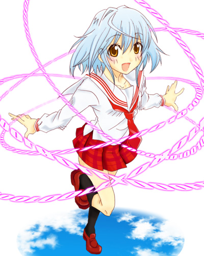 ahoge, black_legwear, blue_hair, blush, brown_footwear, brown_hair, full_body, happy