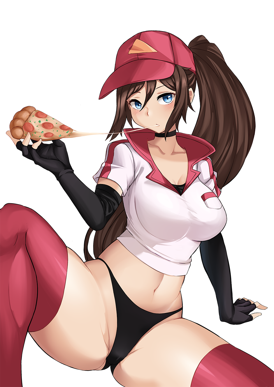 1girl, azuran0, baseball_cap, black_choker, black_gloves, blue_eyes, blush, breasts