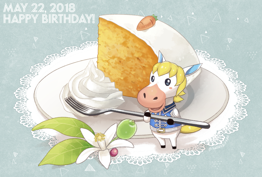 !, 1boy, animal_crossing, animal_ears, blue_background, cake, carrot, colton_(animal_crossing)