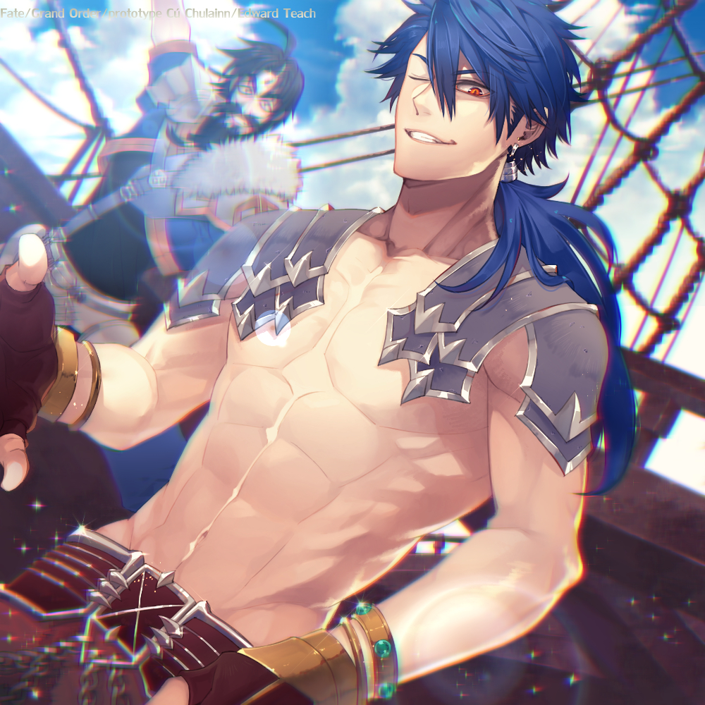 2boys, abs, armor, beard, black_facial_hair, black_hair, blue_hair, bracelet