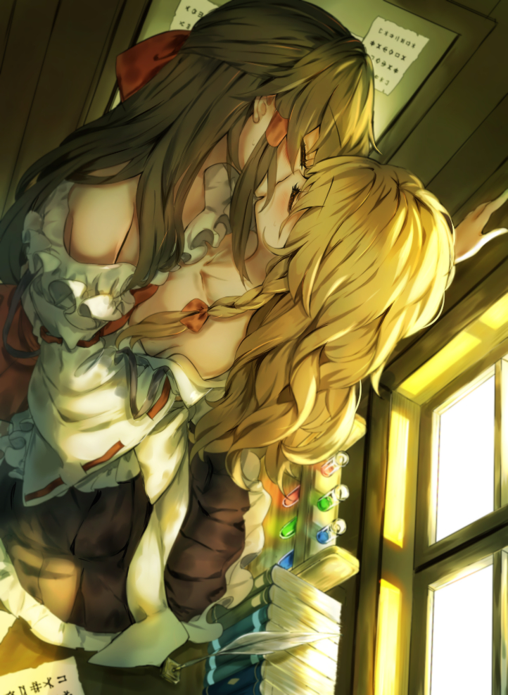 2girls, apron, bare_shoulders, blonde_hair, blush, book, bow, braid