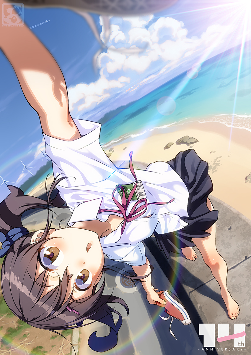 1girl, aoi_sora_(pairan), beach, brown_eyes, brown_hair, cloud, cumulonimbus_calvus, cumulonimbus_cloud, hair_ornament, hairclip, highres, holding, holding_shoes, holding_unworn_clothes, ocean, okinawa, open_mouth, original, pairan, red_footwear, shoes, uniform, unworn_shoes
