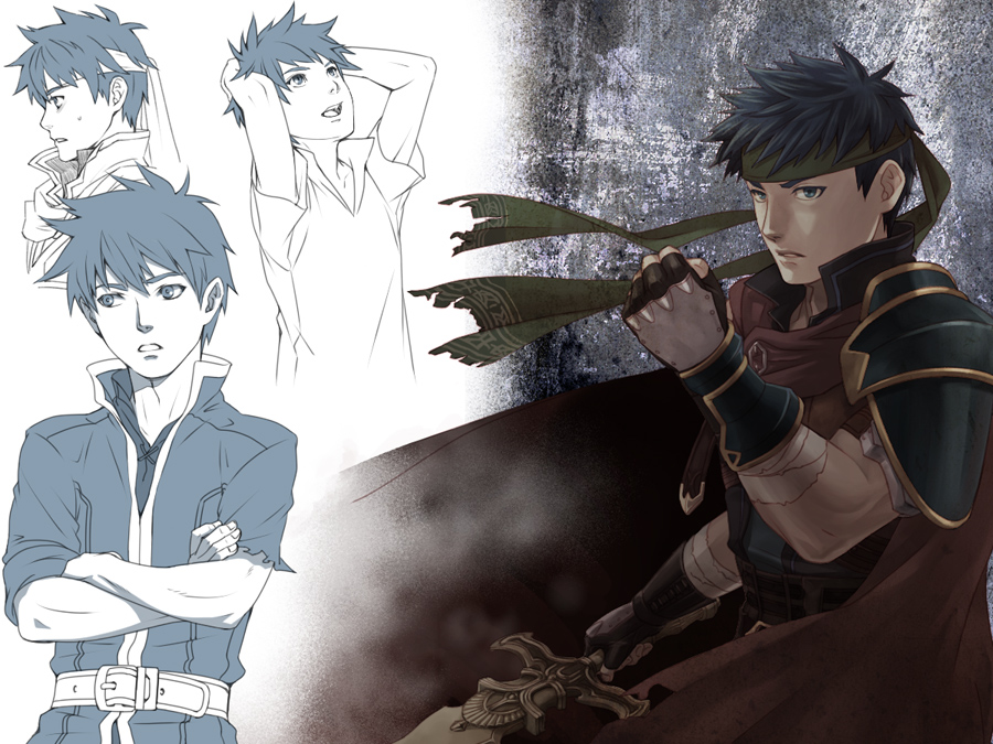 1boy, blue_eyes, blue_hair, cape, fire_emblem, fire_emblem:_path_of_radiance, gloves, headband