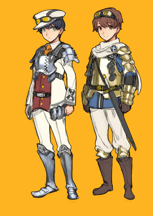 1boy, alternate_costume, alternate_hair_color, armor, belt, black_hair, boots, breastplate, brown_eyes, brown_hair, el_mofus, el_mofus_(black_hair_male), el_mofus_(brown_hair_male), full_body, gloves, goggles, green_eyes, hat, male_focus, pauldrons, rance_(series), rance_x, shoulder_armor, simple_background, sketch, solo, sword, weapon, yellow_background