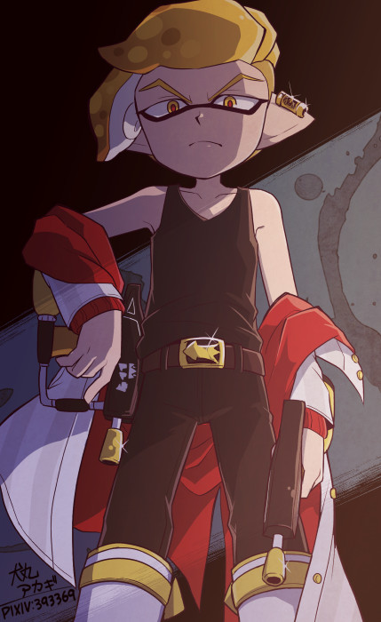 1boy, artist_name, belt, belt_buckle, black_belt, black_pants, black_shirt, blonde_hair