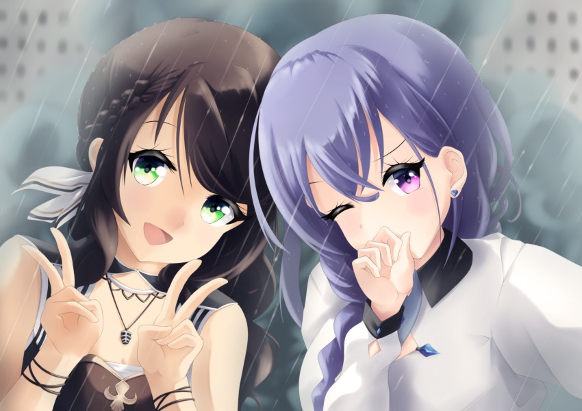 2girls, absurdres, alys, blue_hair, braid, breasts, brown_hair, green_eyes