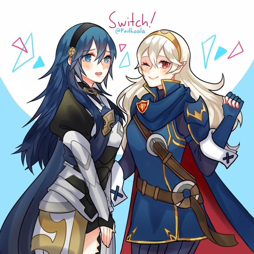 2girls, absurdres, armor, armored_dress, blue_eyes, blue_hair, blush, cape