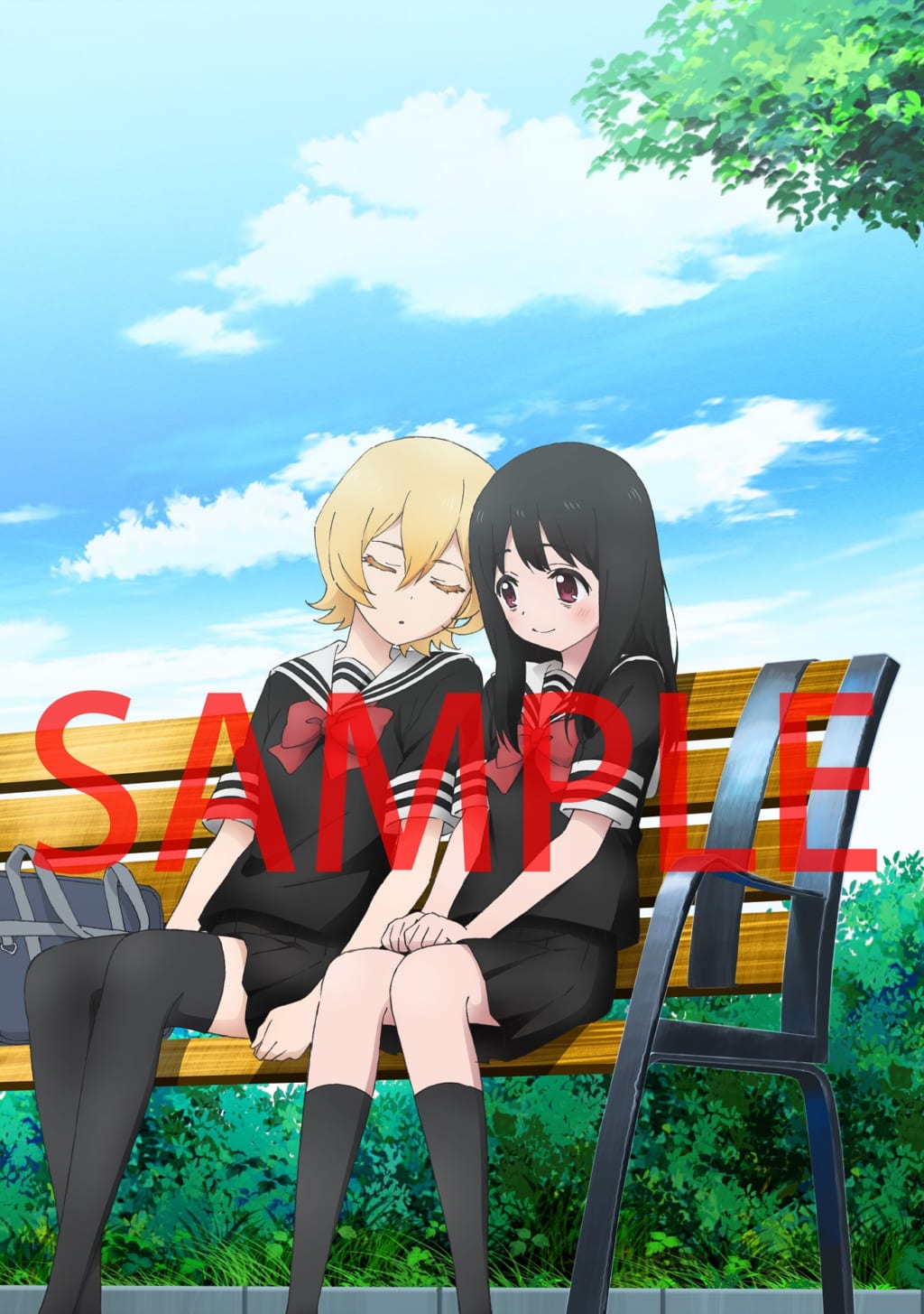 10s, 2girls, artist_request, asagiri_aya, bag, bags_under_eyes, bench, black_hair