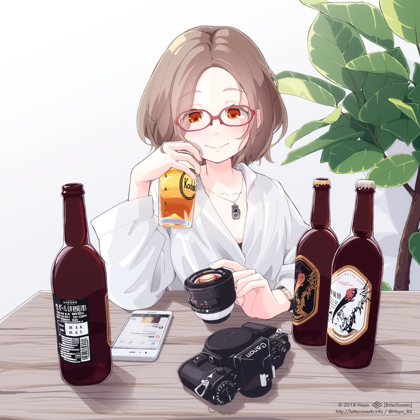 1girl, alcohol, artist_name, beer, beer_bottle, bob_cut, bottle, brown_hair