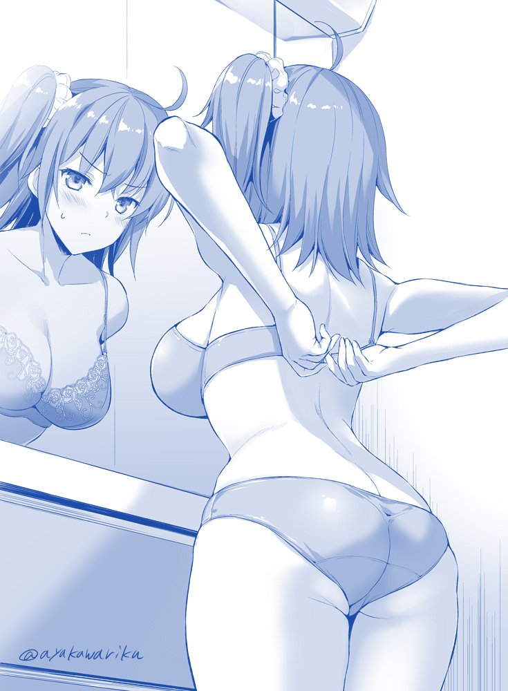 1girl, adjusting_bra, adjusting_clothes, ahoge, arms_behind_back, artist_name, ass, ayakawa_riku