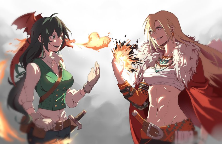 10s, 2girls, abs, alternate_costume, alternate_universe, amedan, bakugou_katsuki, belt