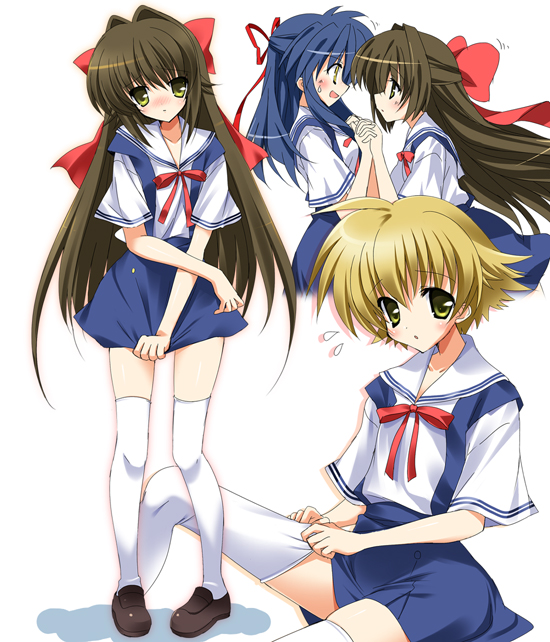 00s, 1boy, 2girls, blonde_hair, blue_hair, brown_hair, clannad, clannad_after_story