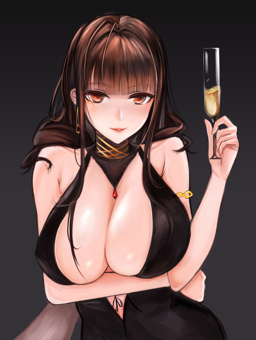 1girl, absurdres, ahoge, arm_under_breasts, armlet, black_dress, blunt_bangs, blush