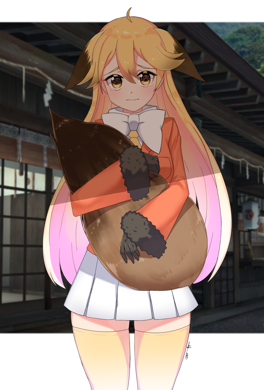 10s, 1girl, absurdres, alternate_legwear, animal_ears, bow, bowtie, coat, commentary_request, cowboy_shot, ears_down, ezo_red_fox_(kemono_friends), female_focus, fox_ears, fox_tail, fur_trim, gloves, gradient_hair, highres, holding_tail, kemono_friends, long_hair, long_sleeves, multicolored_hair, necktie, orange_eyes, orange_hair, pleated_skirt, shadow, skirt, solo, tail, tearing_up, thighhighs, wavy_mouth, white_hair, wkdbzpdl, zettai_ryouiki