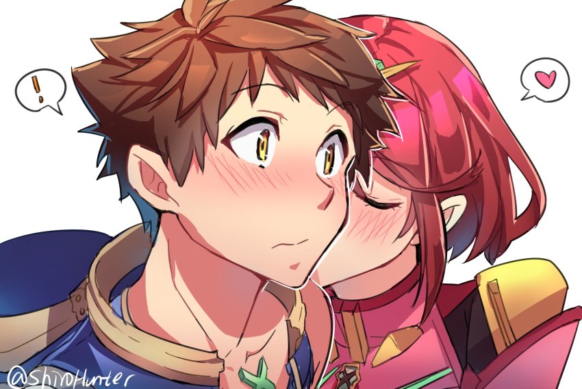 1boy, 1girl, black_hair, blush, bodysuit, brown_hair, couple, closed_eyes, hair_ornament, hetero, highres, kiss, kissing_cheek, nintendo, pyra_(xenoblade), red_hair, rex_(xenoblade), shirohunter, short_hair, simple_background, tiara, xenoblade_chronicles_(series), xenoblade_chronicles_2