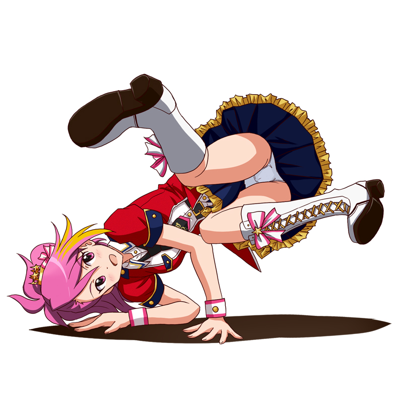 1girl, arm_support, black_skirt, boots, breakdance, commentary_request, crotch_seam, female_focus, frilled_skirt, frills, hair_ornament, idolmaster, idolmaster_million_live!, idolmaster_million_live!_theater_days, jacket, knee_boots, lace-up_boots, lielos, looking_at_viewer, lying, maihama_ayumu, medium_hair, miniskirt, multicolored_hair, on_side, open_mouth, panties, pink_eyes, pink_hair, red_jacket, shadow, shiny_trinity_(idolmaster), short_sleeves, simple_background, skirt, smile, solo, streaked_hair, underwear, upskirt, white_background, white_boots, white_panties, wrist_cuffs