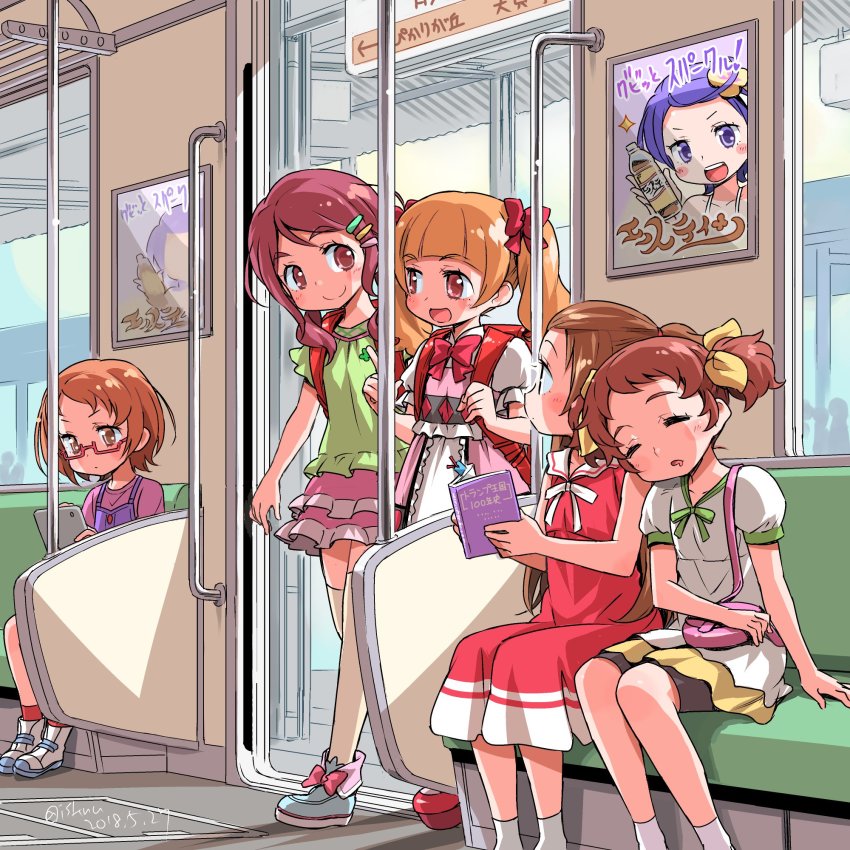 10s, 6+girls, aisaki_emiru, backpack, bag, bike_shorts, blush, bottle, bow, bowtie, brown_eyes, brown_hair, commentary, dated, dokidoki!_precure, dress, footwear_bow, forehead, frilled_skirt, frilled_sleeves, frills, glasses, green_shirt, hair_bow, handbag, highres, holding, holding_bottle, hugtto!_precure, in-franchise_crossover, isedaichi_ken, kenzaki_makoto, leaning_on_person, long_hair, looking_at_another, madoka_aguri, miniskirt, morimoto_eru, multiple_girls, nono_kotori, orange_hair, overalls, pink_skirt, poster_(object), precure, purple_hair, randoseru, reading, red-framed_eyewear, red_bow, red_dress, red_eyes, red_hair, red_neckwear, seat, shirabe_ako, shirt, shoes, short_hair, short_sleeves, side-by-side, signature, sitting, skirt, sleeping, sleeping_on_person, sleeveless, suite_precure, tablet_pc, thick_eyebrows, thighhighs, train_interior, trait_connection, twintails, white_legwear, white_shirt, yellow_skirt, zettai_ryouiki