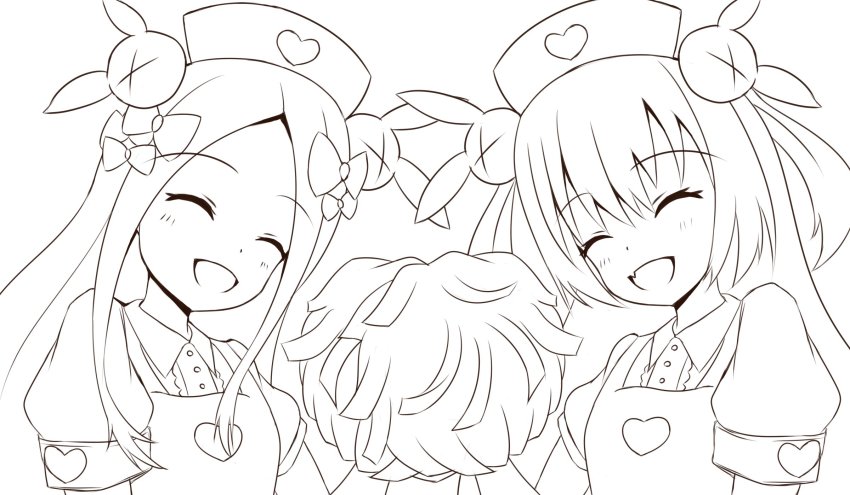 >_<, 2girls, :d, ^_^, abigail_williams_(fate), apron, blush, bow