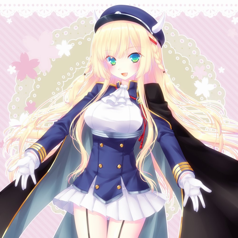 1girl, azur_lane, bad_id, bad_twitter_id, blonde_hair, blue_eyes, braid, breasts, cape, female_focus, garter_belt, gloves, hair_ornament, hairclip, hat, kongou_(azur_lane), long_hair, looking_at_viewer, medium_breasts, mikoto_(mikoto_r_a), military, military_uniform, open_mouth, outstretched_arms, smile, solo, spread_arms, vest, white_gloves