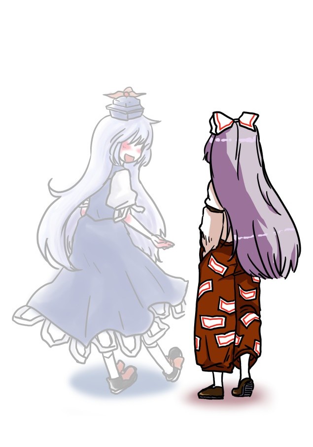 2girls, blush, female_focus, fujiwara_no_mokou, hair_ribbon, hat, kamishirasawa_keine, long_hair